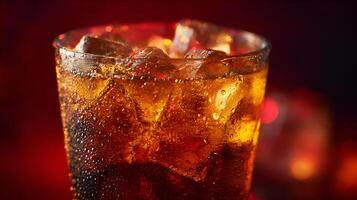 Refreshing carbonated soda with ice cubes in a glass on red background photo