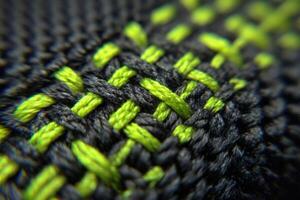 Close up of Cordura fabric showcasing detailed bartack stitching with vibrant green and black thread patterns photo