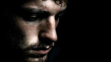 Close up portrait of sweaty man experiencing intense emotion in shadows photo