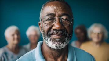 Confident senior man smiling with friends in background photo