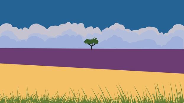 A tree in a field with a blue sky and clouds vector