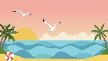 un dibujos animados ilustración de un playa escena con palma arboles y aves vector
