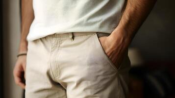 Man wearing white t shirt and beige pants with hand in pocket photo