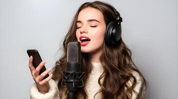 Young woman singing and recording music with smartphone and microphone photo