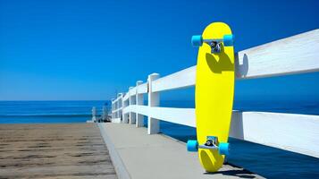 Yellow skateboard leaning on white fence by the sea photo