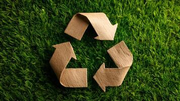 Cardboard recycling symbol lying on green grass promoting sustainability photo