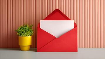Red envelope containing blank card resting on table with potted plant photo