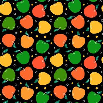 Apple pattern. Seamless black background with flat colorful apples. Repeating summer design, graphic print with simple fruits. vector