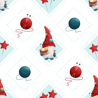 Seamless rhombus pattern with cute gnomes and wool knitting threads. Geometric sew texture with sewing pins.