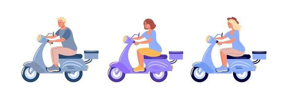 Three stylish individuals joyfully riding scooters embody a fun and carefree urban lifestyle. Their trendy outfits and dynamic poses capture the essence of excitement and freedom in the city. vector