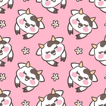 A seamless pattern featuring cute kawaii cows surrounded by flowers. The playful design showcases the cows with adorable expressions, creating a cheerful and whimsical atmosphere vector