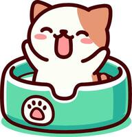 A cartoon cat sitting in a bowl with its mouth open vector