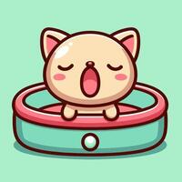 Cute Cartoon Cat Yawning in Cozy Bed vector