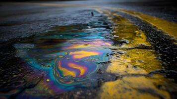 Gasoline rainbow puddle reflecting on asphalt road surface photo