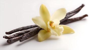 Vanilla pods and flower resting on white background photo