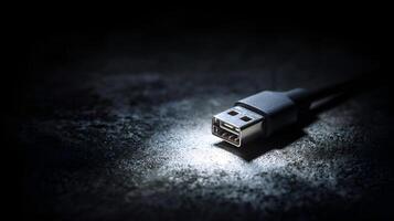Usb cable lying on dark background emitting light photo