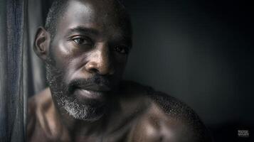 Portrait of hopeful african american man emerging from shadows photo