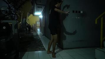 Person Standing in Dimly Lit Corridor at Night video