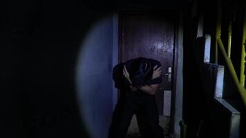Suspenseful Exploration in a Dimly Lit Hallway video