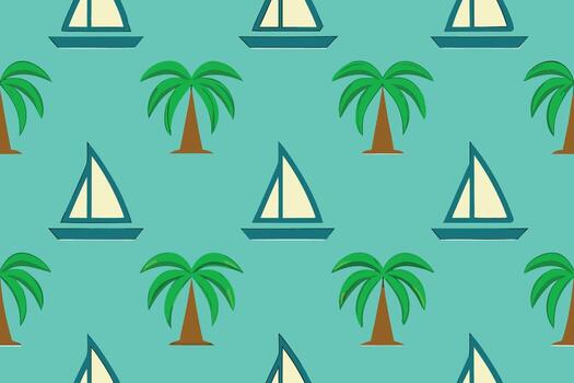 Seamless pattern of sailboats and palm trees on a teal background vector