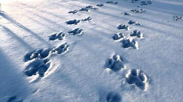 Animal tracks leading across fresh snow in winter sunlight photo