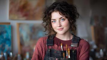 Young artist posing in her art studio with paintbrushes in overall pocket photo