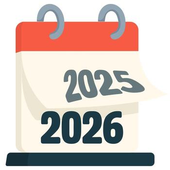 Desktop calendar turning from 2025 to 2026, flat minimal style with red top spiral and clean typography vector