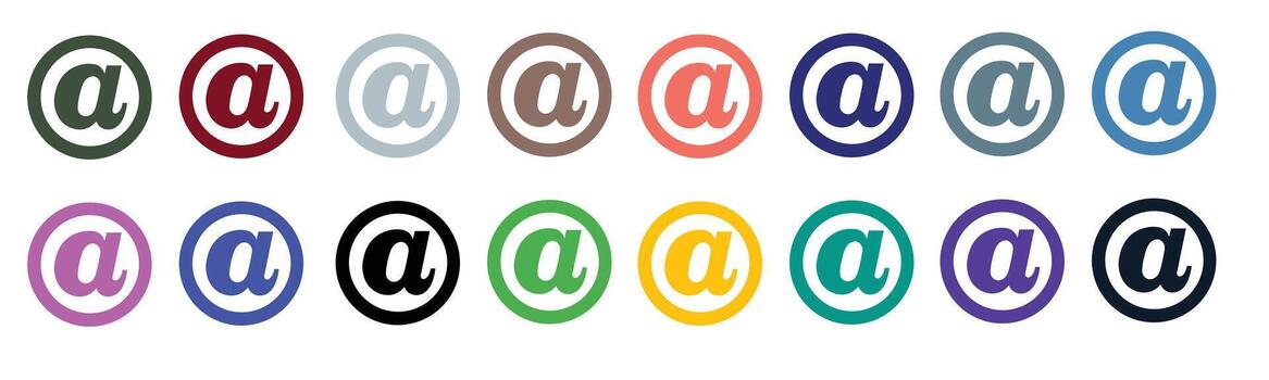 A collection of colorful at symbols arranged in two rows on a white background vector