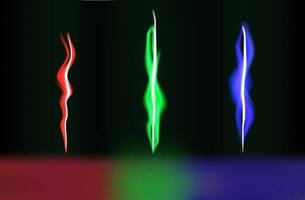 Three distinct light waves in red, green, and blue swirl elegantly against a dark background. This captivating arrangement creates a sense of movement and energy vector