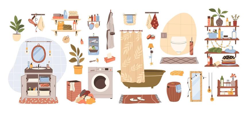 Bathroom interior decor items set. Isolated flat illustrations. Vanity with sink, bathtub and toilet area, toiletries, shelves. Elements in Scandinavian style for home design and hygiene concepts.