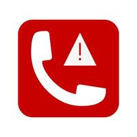 Emergency call icon with white phone receiver and exclamation mark on red square, warning vector