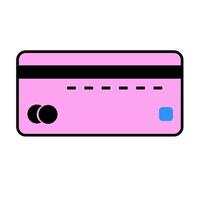Pink credit card with black magnetic stripe, contactless symbol and blue square chip vector
