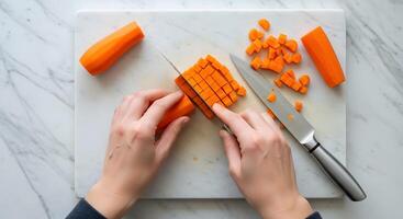 A person cutting up carrots on a cutting board photo