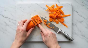 A person cutting carrots with a knife photo