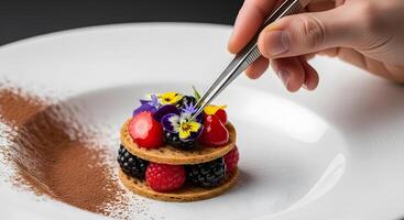 A person is holding a fork and knife over a dessert photo