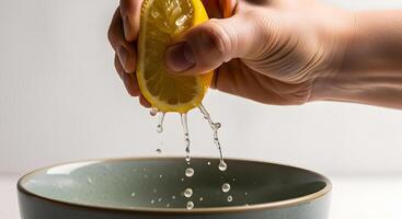 A person holding a lemon over a bowl photo