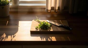 A knife and a cutting board on a counter photo