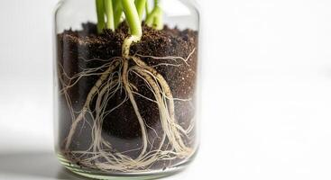A jar with soil and roots of plants photo