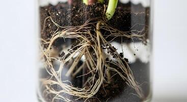 A jar filled with soil and plants photo