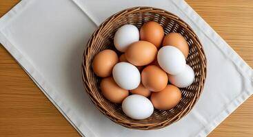 A basket full of eggs on a table photo