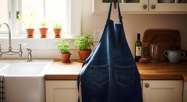 A blue apron hanging on a kitchen counter photo