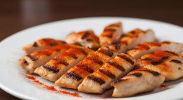 A white plate with chicken on it photo