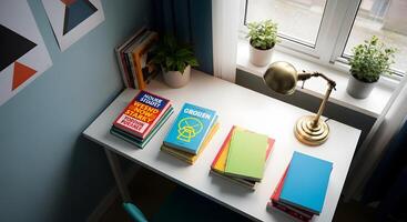 A desk with books and a lamp on it photo