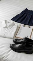 A pair of black shoes, a clipboard and a shirt on a bed photo