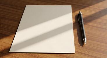 A notepad and pen on a wooden table photo