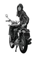 Woman riding vintage motorcycle illustration vector