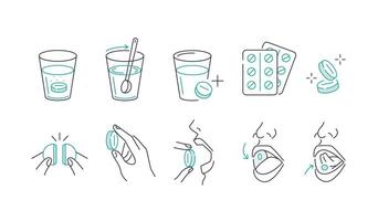 Taking pills concept set. Instruction how to take effervescent tablet and various drug correctly with glass water vector