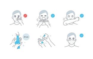 Infographic Steps How Prevent Respiratory Diseases. Correct Couching and Sneezing, Cleaning Hands with Antiseptic Gel, Wearing Mask. Virus and Infection prevention vector