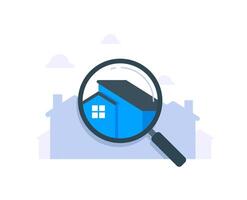 Real Estate Search Illustration, magnifying glass highlighting a house selection vector