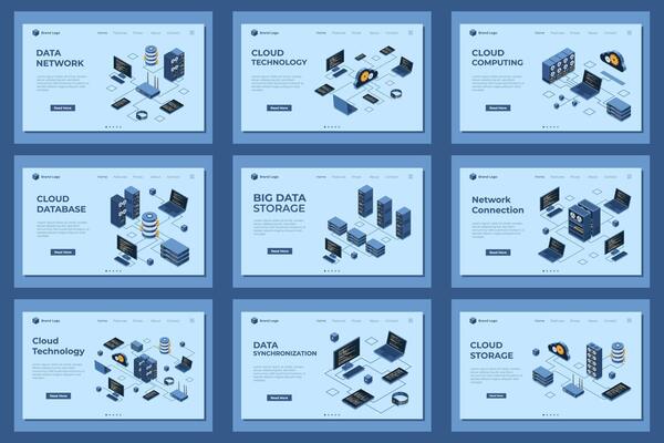Large set of isometric landing page template. Modern technology concept for cloud technology, web hosting, and networking. Isometric technology